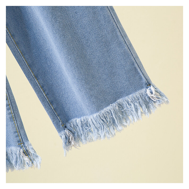 S-5XL proste dżinsy damskie 2022 wiosna jesień frędzle niebieski luźny dżins spodnie z rozciągliwą talią, szeroka nogawka