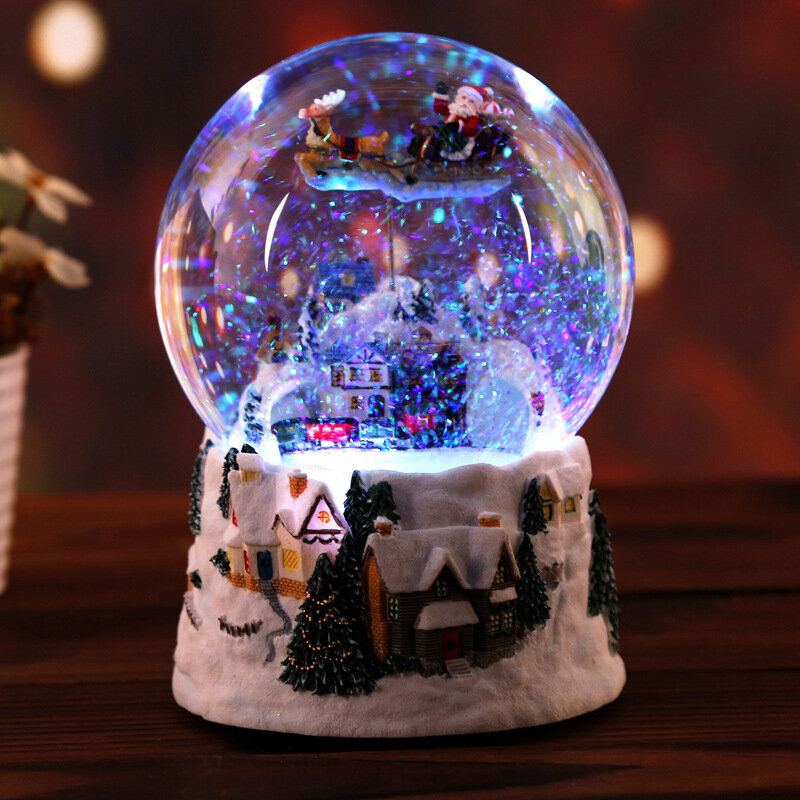 Resina caixa de música bola de cristal globo de neve luzes de vidro presente natal com alto-falante girando papai noel artesanato decoração do desktop