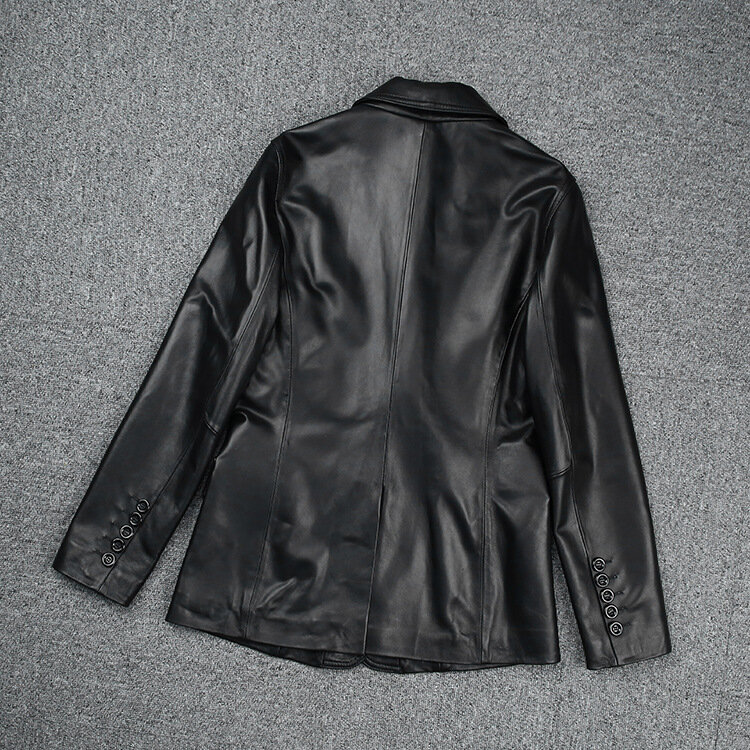 Abrigo ajustado de piel auténtica para mujer, traje con botones, color negro, novedad de fábrica