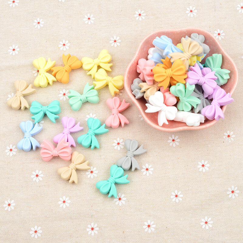 LOFCA 5pcs Bowknot 실리콘 구슬 DIY 식품 학년 실리콘 Teething 젖꼭지 귀여운 모양의 실리콘 teether 홀더 액세서리