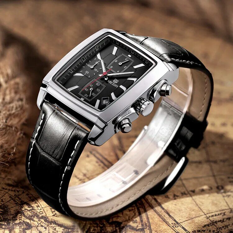 Marka MEGIR męski zegarek wielofunkcyjny sport skórzany pasek prostokątny Dial mężczyźni zegarki Luminous Reloj Hombre zegar