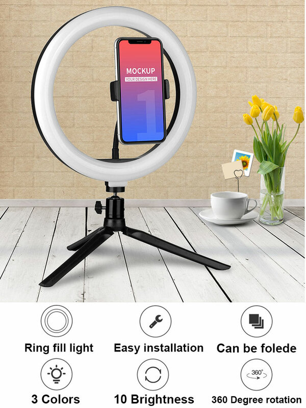 Anillo de luz LED regulable para Selfie, lámpara de maquillaje con trípode para vídeo, Youtube, Tik Tok, 10 pulgadas
