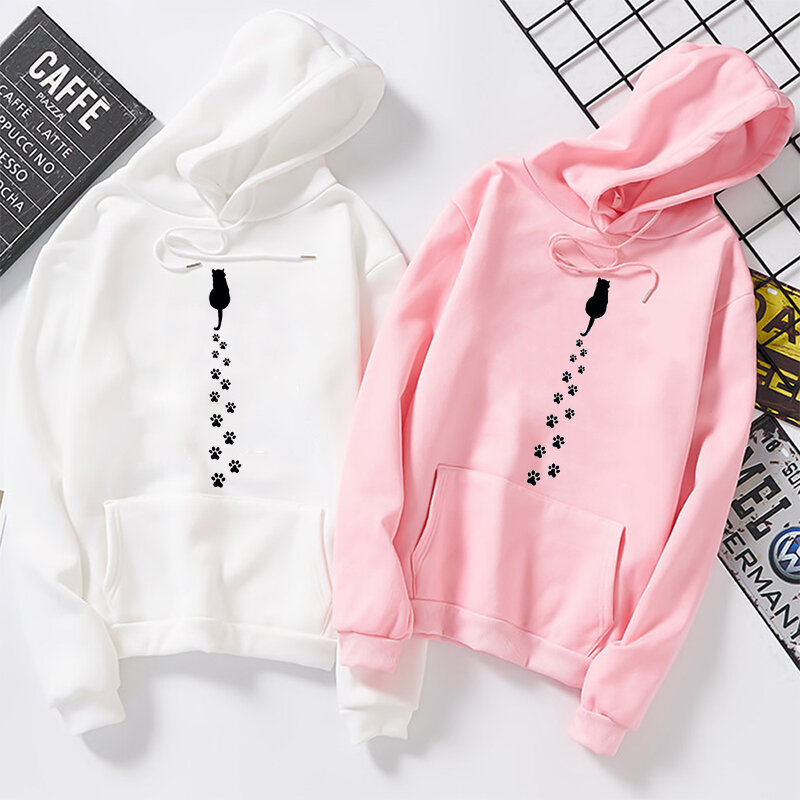 Harajuku Druck Katze Herbst Winter Plus Samt frauen Sportswear Footprint Cartoon K-pop Streetwear Hoodies Sweatshirt