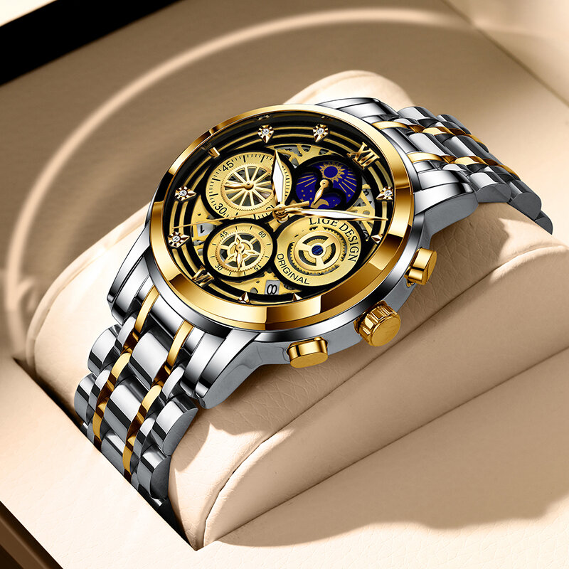 LIGE-스테인레스 스틸 탑 브랜드 럭셔리 스포츠 크로노 그래프 쿼츠 시계, 새로운 패션 남성 시계 캘린더 2022