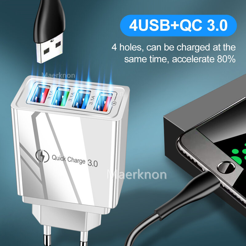 Cargador USB de 4 puertos, cargador rápido de 18W para iphone 13, 12, Xiaomi, Samsung S10, Huawei, portátil, enchufe europeo/estadounidense, cargadores de pared