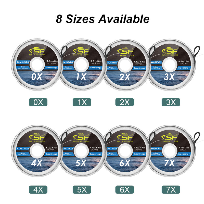 Linha de pesca de nylon transparente, monofilamento monofilamento, com suporte para truta, 0x, 1x, 2x, 3x, 4x, 5x, 6x, 7x
