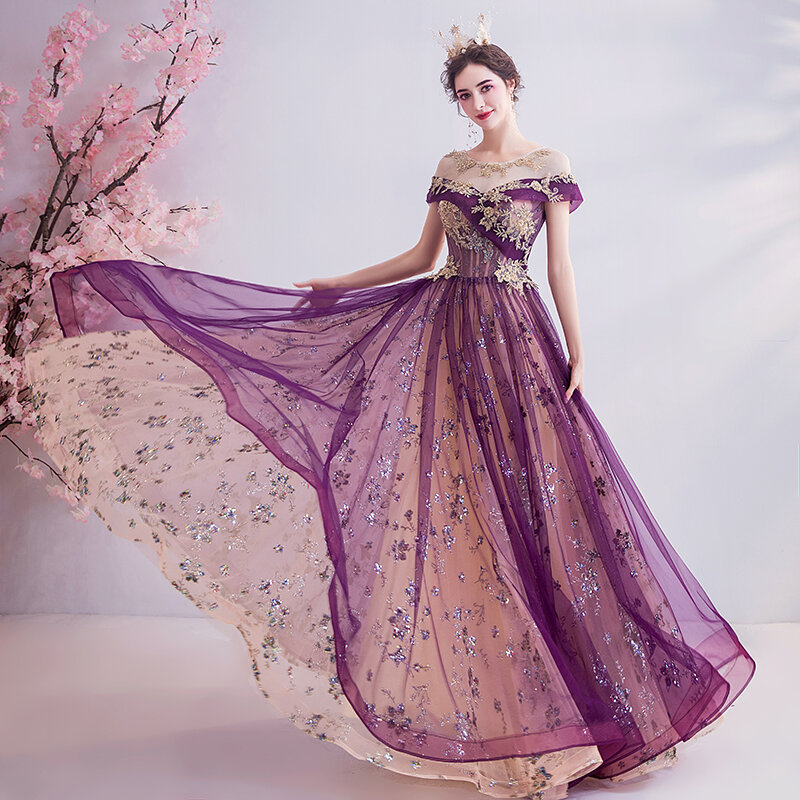 Фиолетовые вечерние платья, длинные блестящие вечерние платья с глубоким круглым вырезом и бисером для беременных, Дубай, абайя, юркен