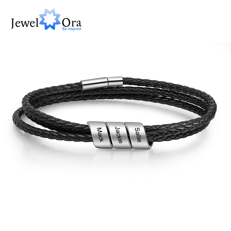 JewelOra Personalized 3 Name Beads Engraved Bracelets for Men Vintage Customized Black Leather Bracelets & Bangles Fathers Gift