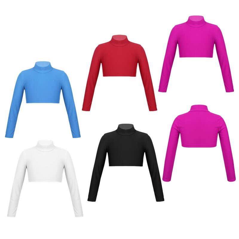 Kids Girls Long Sleeves Solid Color Crop Top Hip Hop Jazz Dance T-shirt Stage Performance Gymnastics Workout Sports Costume