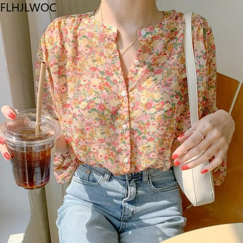 Camisa feminina lisa com botão justo e estampa floral, blusas de chifom para meninas com porta à frente, estilo moderno para mulheres primavera 2021
