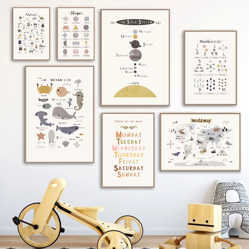 Картина на холсте «океанская рыба», постеры и принты с животными и цифрами алфавита, настенные картины для декора детской комнаты