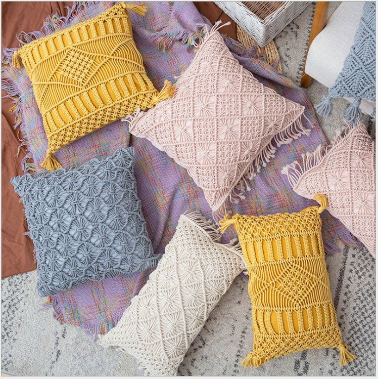 Hand-woven Cotton Thread Cushion Cover with Tassels Colorfu Macrame Geometry Bohemia Ethnic Pillow Cover 30x50cm Home Decoration