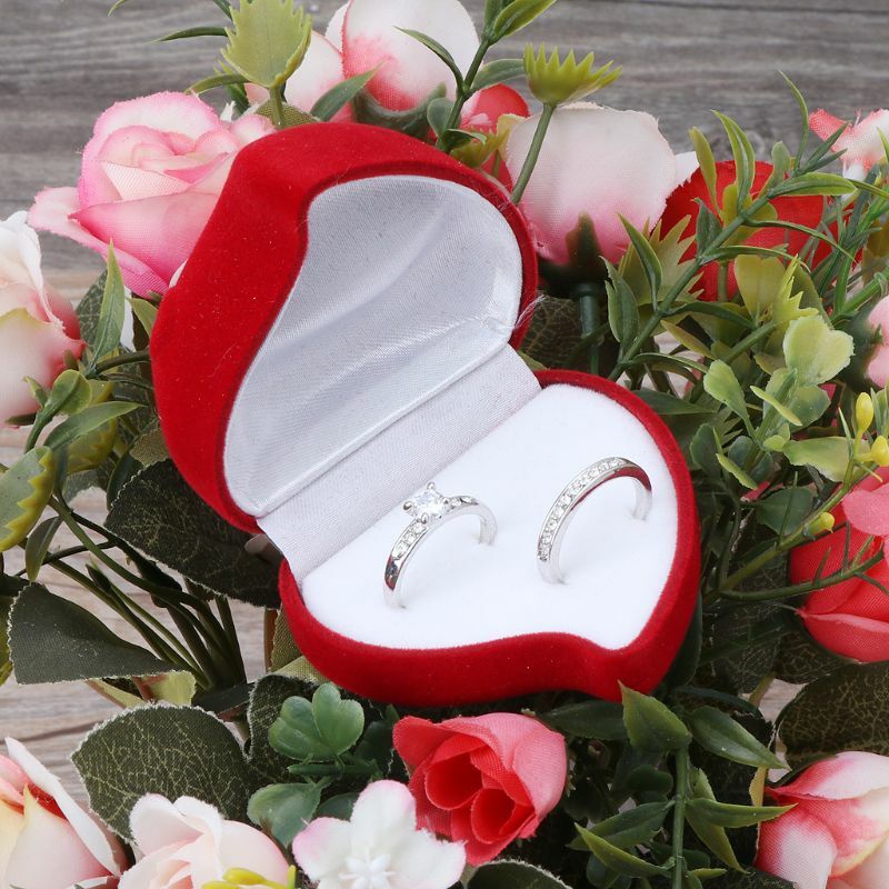 Caja de anillos de boda doble, caja de terciopelo con forma de corazón, rosa roja, flor, expositor de joyas
