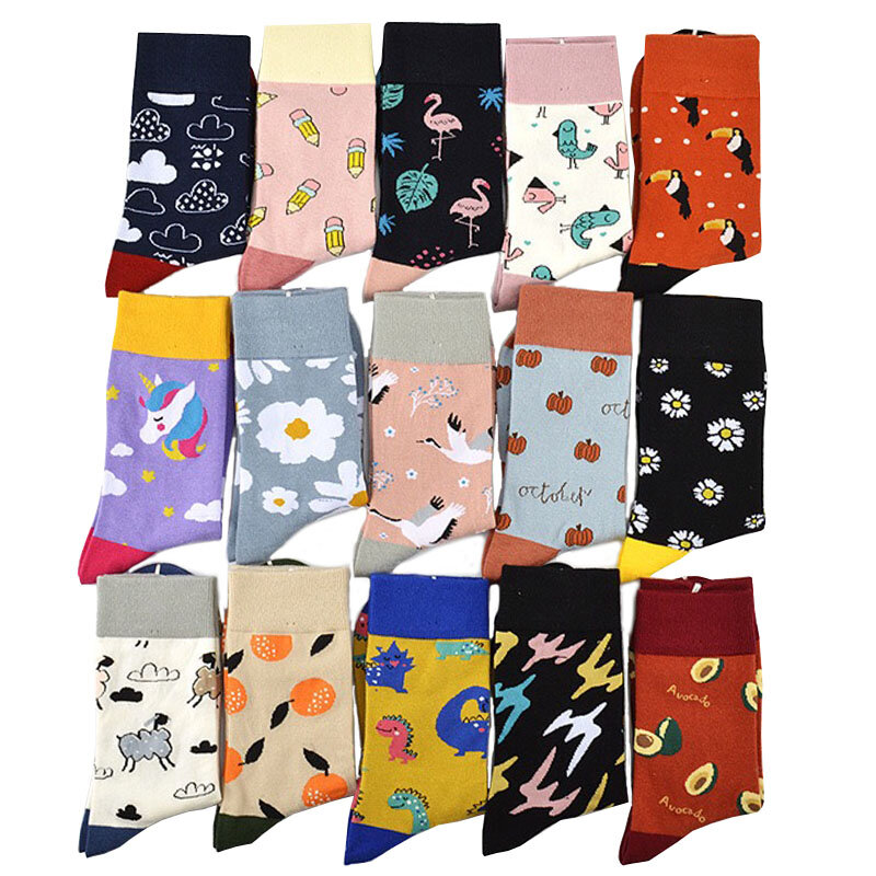 Frauen Socken Harajuku Lustige Cartoon Obst Socke Einhorn für Flamingo Nette Tier Muster Glücklich Lustig Skateboard Socken