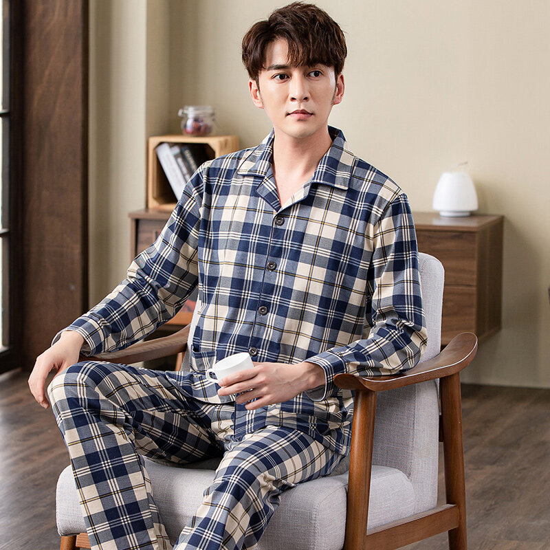 Novo outono dos homens pijamas 100% algodão roupa de cama moda pijamas homem quente quarto casa roupas pj xadrez puro algodão pijamas