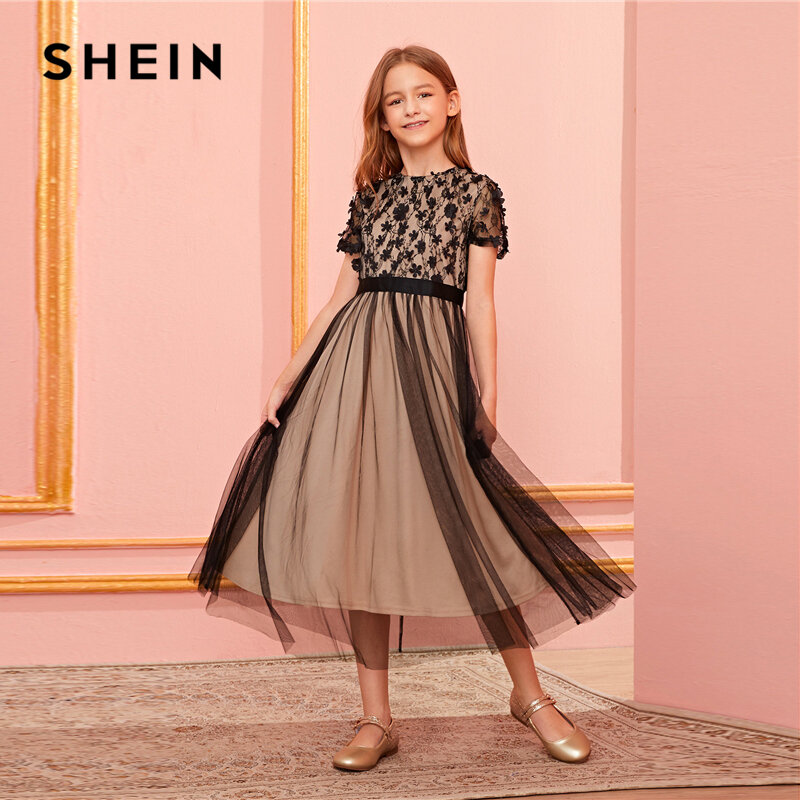 SHEIN Kiddie Appliques Mesh Sheer Overlay Party Dress Kids 2019 Autumn Short Sleeve Contrast Lace Flared Long Dresses For Child