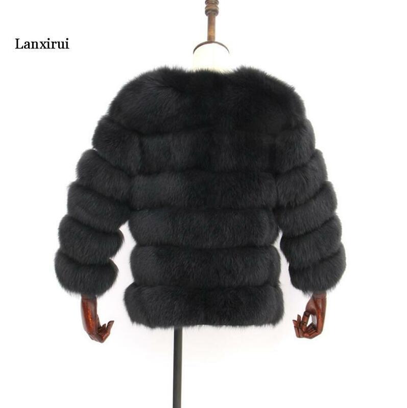 Moda inverno casaco de pele de raposa de luxo das mulheres casaco de pele do falso gola de pele de manga longa jaqueta de pele do falso fourrure