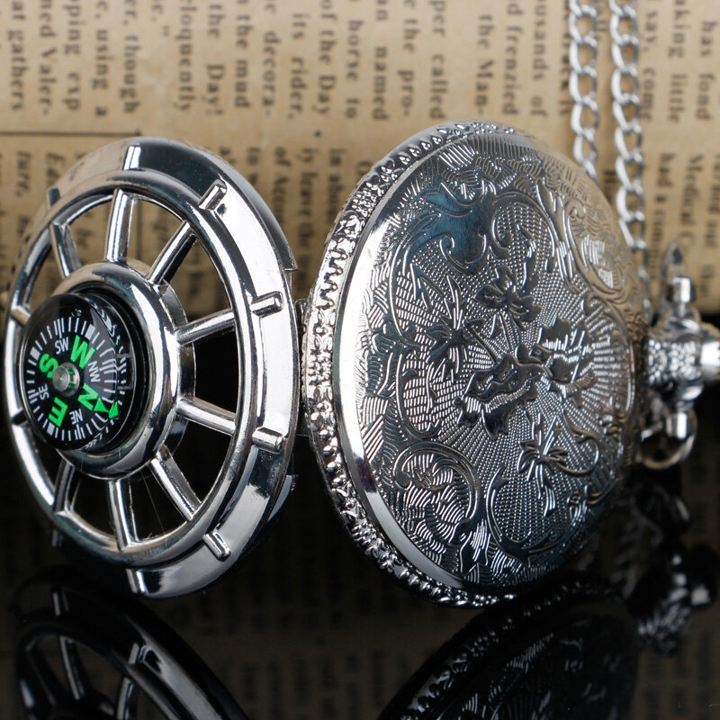 Squisito Compass Design Vintage Hollow Skeleton orologio da tasca in argento quadrante rotondo stellato nero orologio con ciondolo antico regali retrò