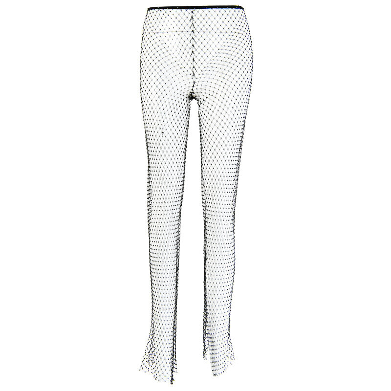 DIRTYLILY Crystal Diamond Shiny Women Pants Summer New Fashion Hollow Out Fishnet Wide Leg Trousers Sexy See Through Beach Pant