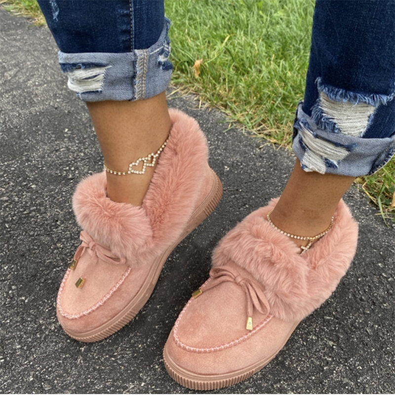 Winter Autumn Women's Casual Fur Shoes Cute Bowknot Trending Fluffy Furry Slip-on Sneakers Ladies Plush Flats Platform