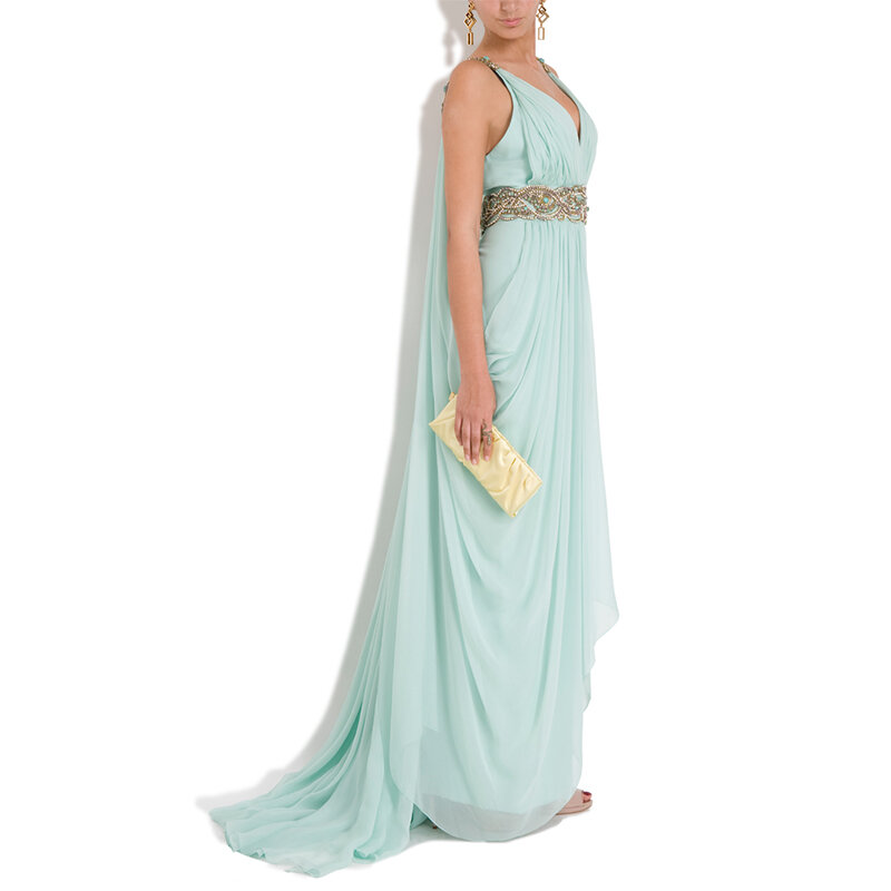 Greek Style Light Blue Beach Prom Dresses 2023 V Neck Beading Chiffon Evening Gown A-Line Watteau Train Long Elegant Party Dress