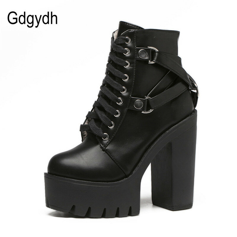 Botins de couro macio Gdgydh com plataforma para mulheres, sapatos de salto alto com cordões, estilo punk, cor preta, moda, para a primavera e outono