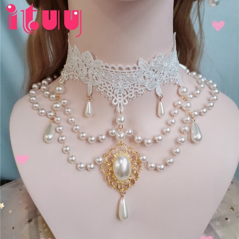Collar hecho a mano de Lolita, colgante de cadena de clavícula con perlas de encaje de boda europea de palacio Retro, accesorios para collares