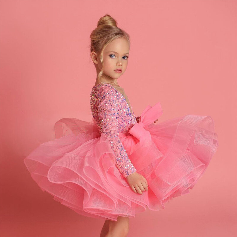 Kids Pageant Dresses Sequin Tutu Flower Girl Dress Long Sleeves Sparkling  Ruffles Tulle Girl's Birthday Gowns Big Bow