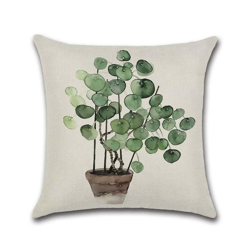 Funda de cojín de hojas verdes, cubierta decorativa de planta para sofá, de lino y algodón, almohada