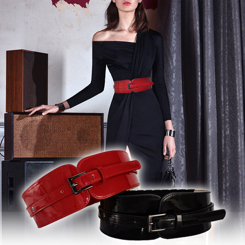 Cintura da donna in pelle lucida cintura di moda europea e americana versione coreana Versatile donna rosso nero 80-95CM moda