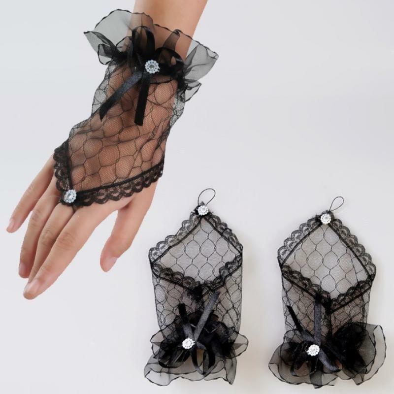 Trendy White Black Red Color Bride Party Gloves Fingerless Sexy Lace Short Bow Gloves for Women Party