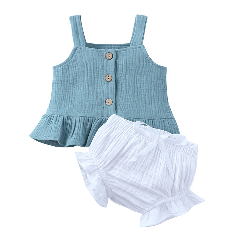 Um conjunto de roupas das meninas do bebê ternos das crianças verão infantil sem mangas coletes de linho algodão + shorts arcos rendas outfits