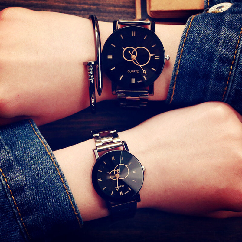 KEVIN 커플 시계 패션 블랙 라운드 다이얼 스테인레스 스틸 밴드 쿼츠 손목 시계, 남성 여성 연인 선물, 새로운 디자인