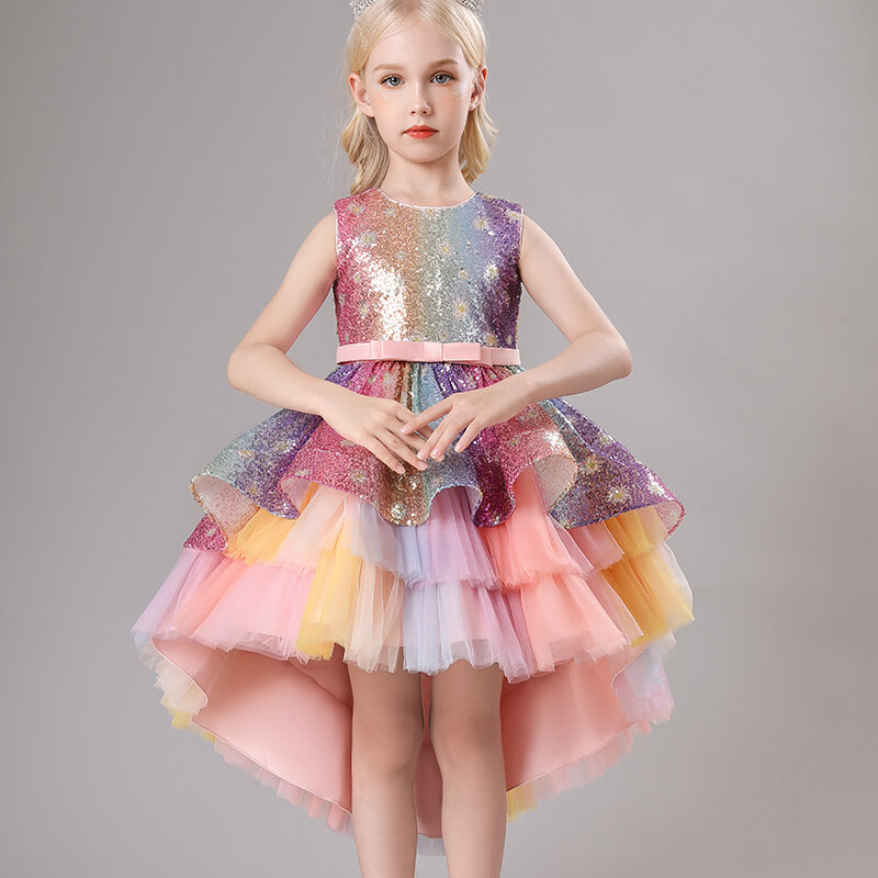 Dziewczęca sukienka dla księżniczki urodziny kostium fortepianowy w stylu letnim cekiny Sweep train dress