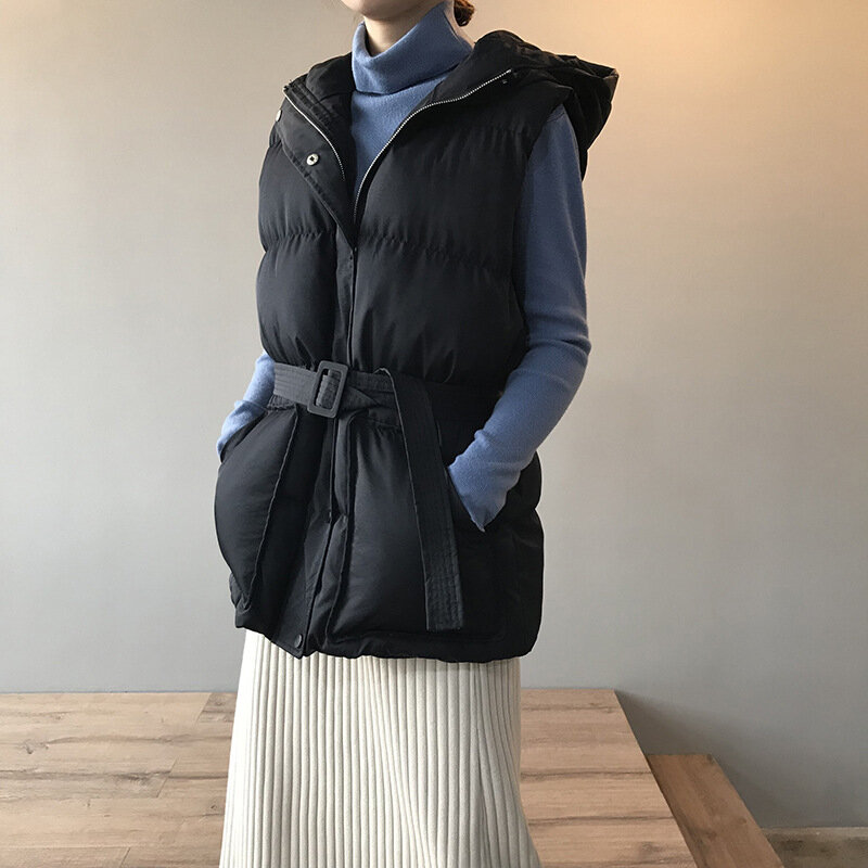 Foryunshes mulheres inverno com capuz colete casacos de algodão quente acolchoado jaqueta coletes coreano moda cinto chalecos para mujer