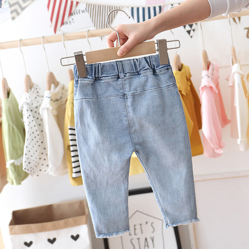 Милые джинсы для маленьких девочек, демисезонные джинсовые брюки с цветочной вышивкой для девочек, новинка, Детские слаксы, модные брюки