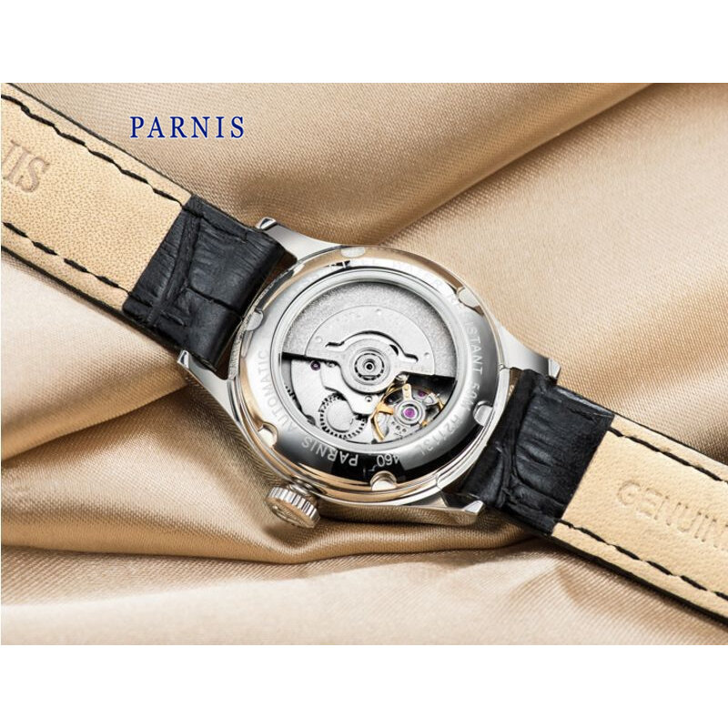 Moda mecânica relógios femininos 26mm parnis casual senhoras relógio automático safira cristal pulseira de couro calendário relógio de pulso