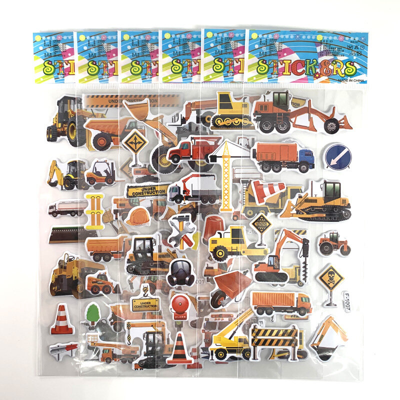 12 Sheets/Set Engineering Vehicle Excavator Cars Cartoon Bubble Sticker for Kids Boys Scrapbooking Cognitive Educational Toys