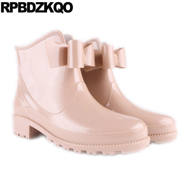 Chunky Wine Red Winter Ankle Rainboots Shoes Candy Rain Boots Kawaii Pvc Jelly Waterproof Fur Women Rubber Booties Girls Bow