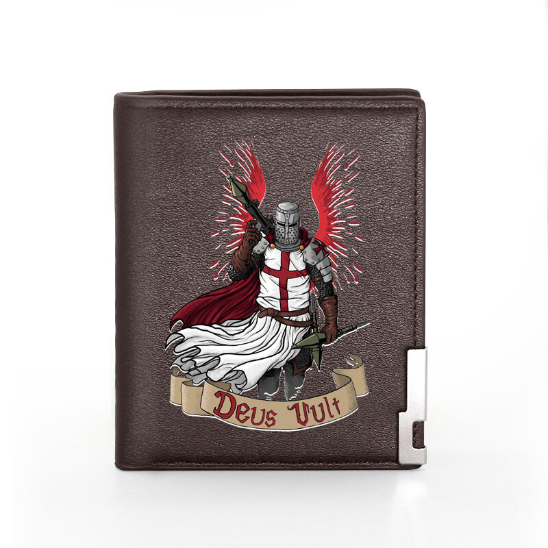กระเป๋าสตางค์ผู้ชายหนัง Knight Deus Vult ฝาครอบ Billfold Slim บัตรเครดิต/ID ผู้ถือแทรกเงินกระเป๋าชายกระเป๋า