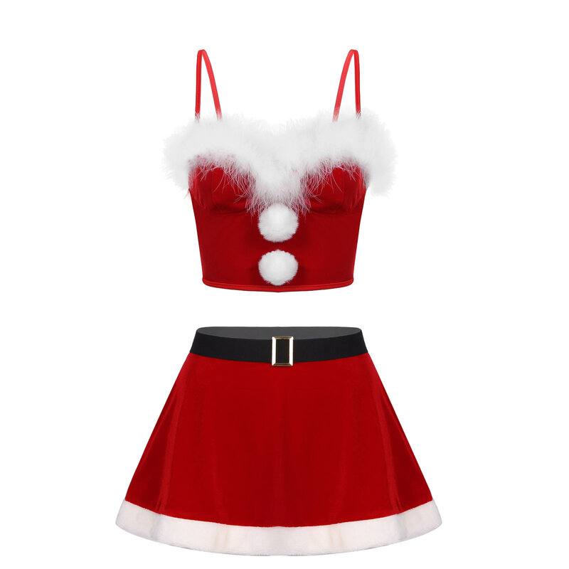 Kostum Seragam Natal Wanita Rok Mini Skater Crop Top Santa Klaus Seksi Warna Merah