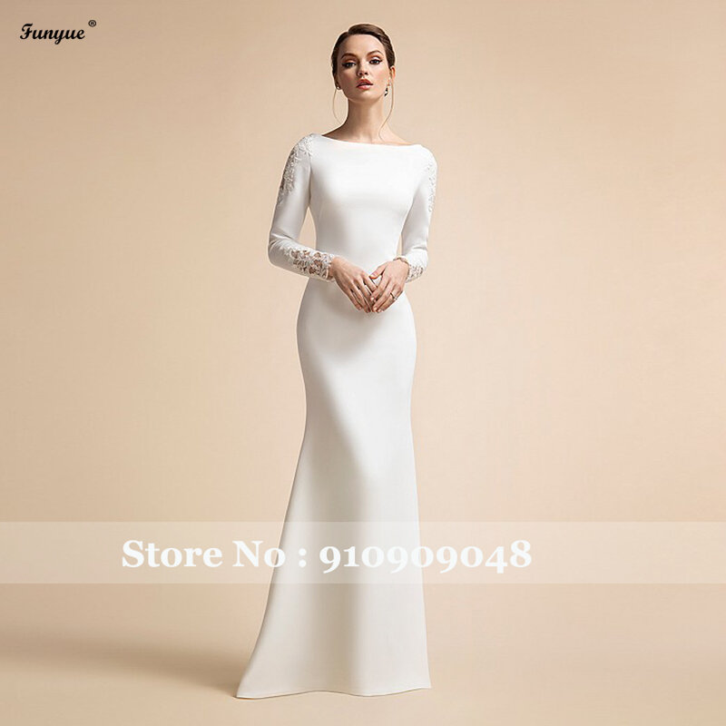 Elegante simples sereia vestidos de casamento, mangas compridas, marfim vestidos nupciais muçulmanos para a noiva, cetim renda, 2024