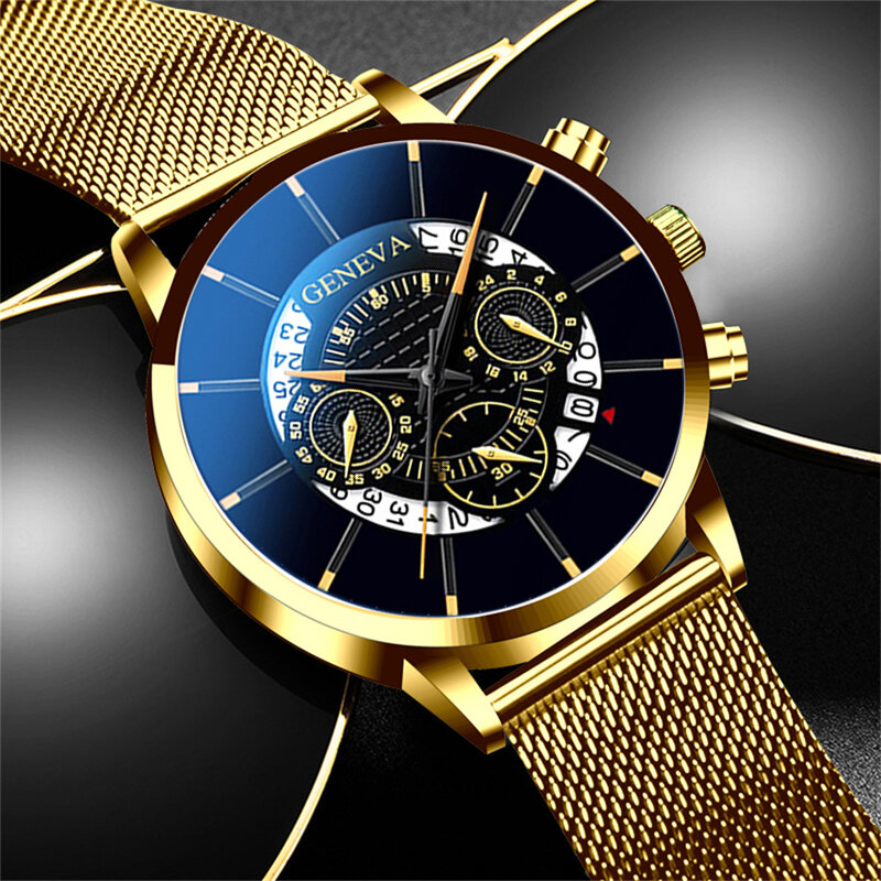 Часы наручные мужские кварцевые с календарём, модные деловые, с синим сетчатым браслетом из нержавеющей стали