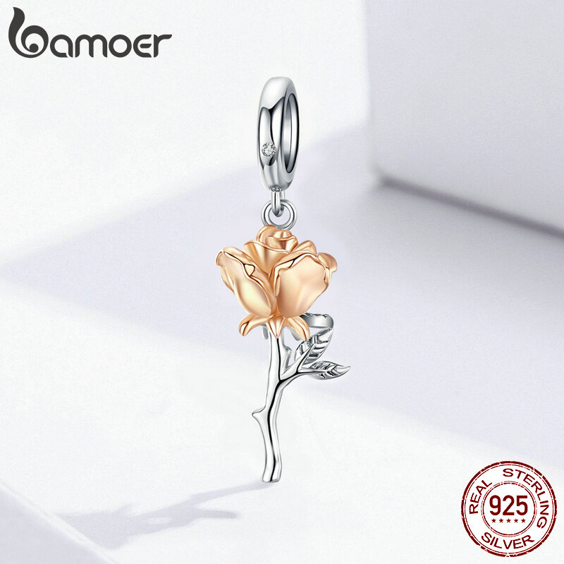 Bamoer 3D Rose ดอกไม้จี้ Charm 925 Sterling Silver Rose Gold Charms สำหรับสร้อยข้อมือหรือสร้อยคอดอกทานตะวัน DIY Charms