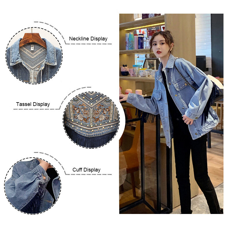 WYBLZ Denim Jacke Frauen Koreanische Mode Stickerei Fringe Übergroßen Denim Mantel Lose Lange Hülse Oberbekleidung frauen Jacken Neue