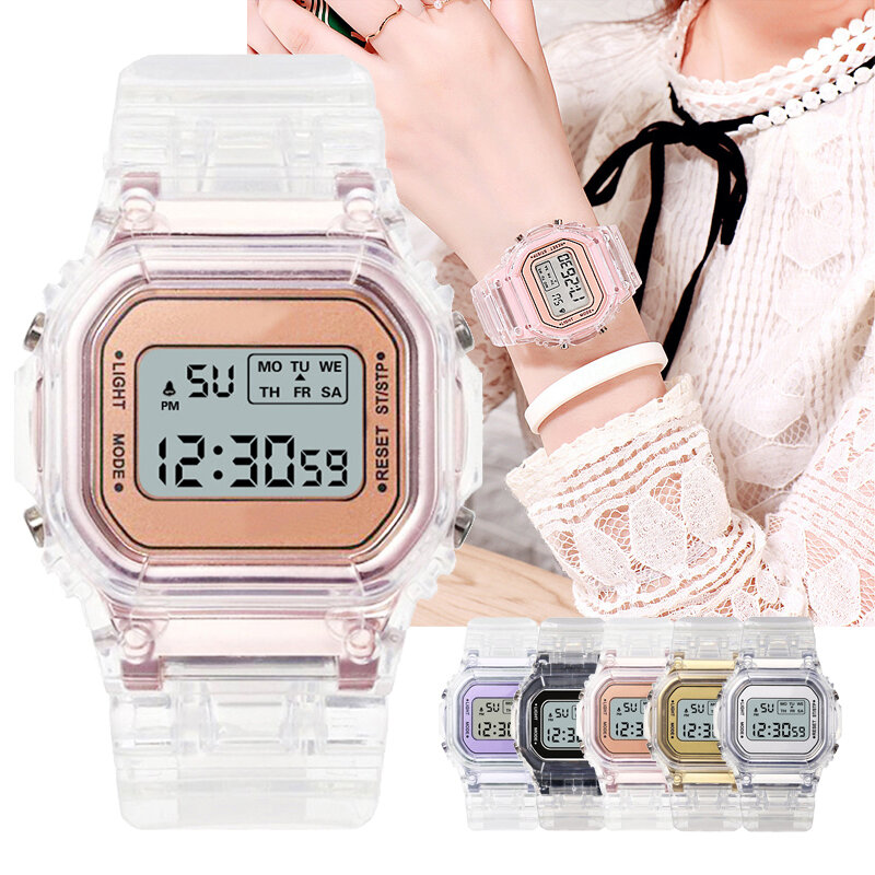 นาฬิกาแฟชั่นผู้หญิงผู้ชายลำลองโปร่งใสดิจิตอลกีฬานาฬิกานาฬิกาของขวัญนาฬิกาข้อมือเด็กหญิง Reloj Mujer