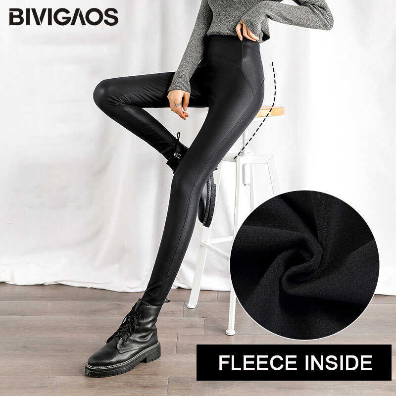 BIVIGAOS autunno inverno nero Fleece Leggings in pelle opaca donna vita alta pantaloni da moto Sexy Slim Skinny Leggings caldi