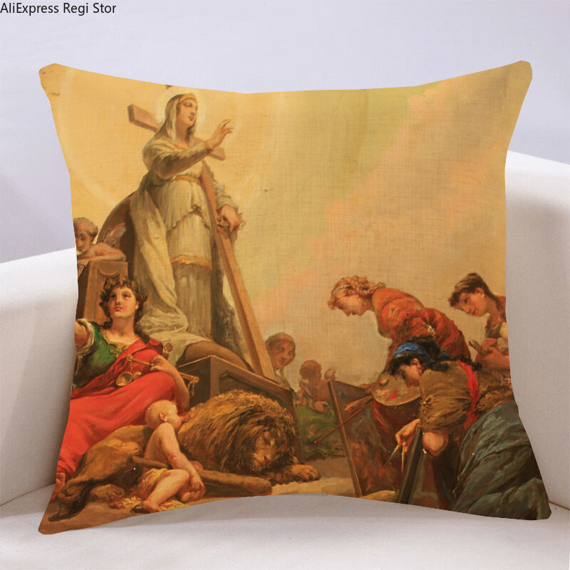 Funda de almohada de lino para sofá, cubierta de cojín con pintura al óleo retro de Jesús, nacimiento, decoración para el hogar, sala de estar, Coche