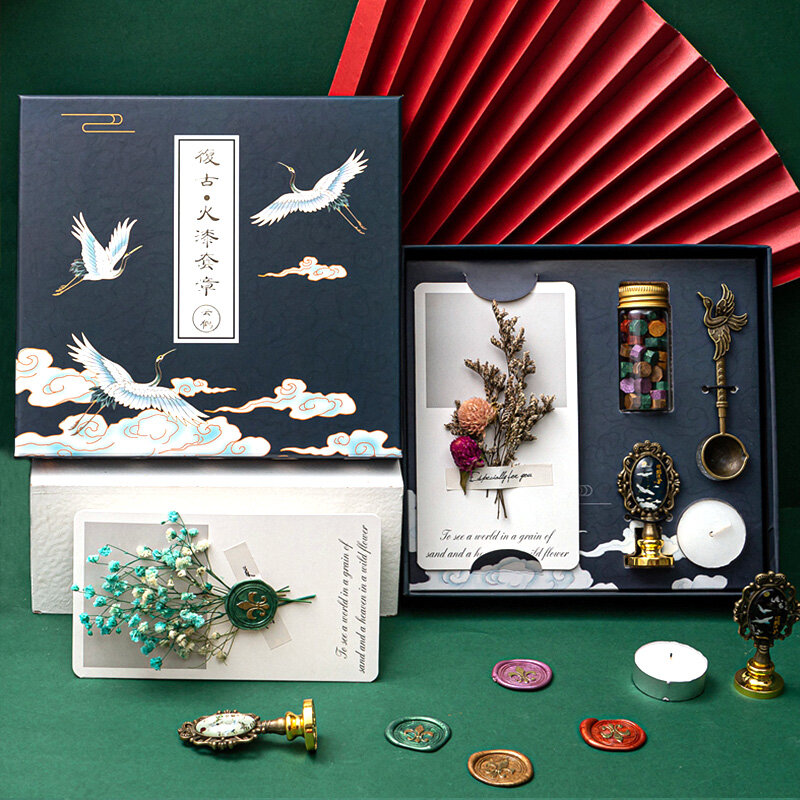 Ensemble de sceau chinois ancien en laque de feu, carte de vœux rétro, enveloppe, cadeau d'anniversaire, LC174