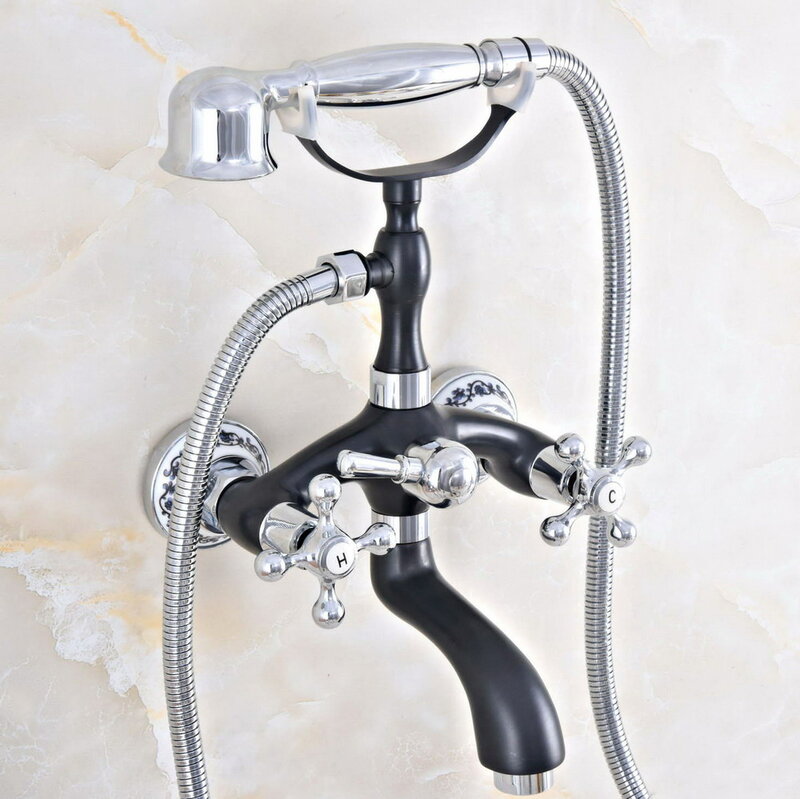 Grifo mezclador de bañera para baño, grifería de estilo telefónico con ducha de mano de latón, color negro y plateado, zna606